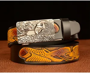 Men's genuine leather belt featuring a detailed eagle metal automatic buckle and embossed eagle strap.