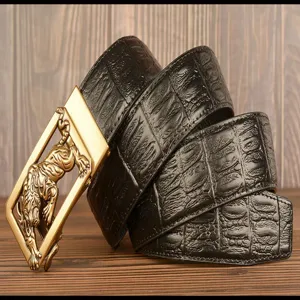 Men's genuine leather belt featuring a vintage gold tiger automatic buckle and crocodile pattern.