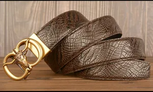 Men brown cowhide leather belt with retro gold bull head automatic buckle and snake pattern.