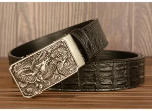 Men Chinese dragon automatic buckle leather belt, stylish crocodile texture cowhide waist strap.