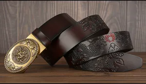 Men's leather automatic buckle belt with embossed dragon design, stylish business casual strap.
