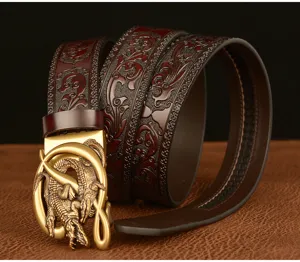 Men's retro crocodile automatic buckle leather belt with exquisite embossed design details.