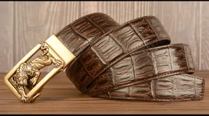 Men retro crocodile pattern leather belt with tiger automatic metal buckle detail view.