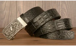 Men's automatic leather belt with crocodile texture and vintage dragon buckle for stylish look.