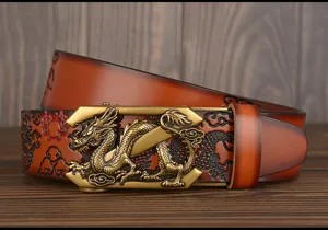 Men's leather belt featuring a metallic dragon automatic buckle and embossed dragon patterns.