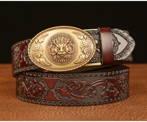 Vintage men's leather belt featuring a detailed metal dragon head automatic buckle and carved strap.
