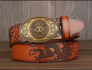 Close-up view of embossed dragon leather belt featuring detailed antique bronze automatic buckle.