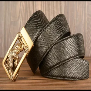 Detailed view of men's black leather belt with golden tiger buckle and embossed texture.