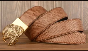 Men vintage genuine leather belt with metallic eagle head automatic buckle detailed view style.