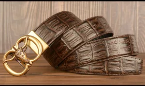 Brown leather belt detail, crocodile pattern texture and golden bull head automatic buckle.