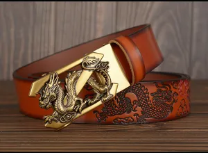 Detail view of a Chinese style dragon carved men's leather belt with a unique metal buckle.