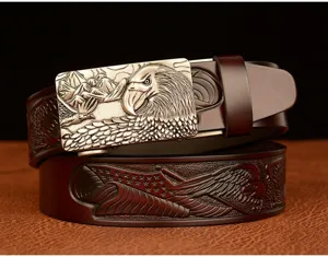 Men's leather belt with eagle buckle and embossed strap design. High quality stylish accessory.