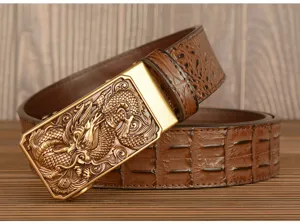 Men's automatic buckle leather belt with crocodile pattern strap and golden dragon relief.