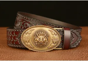 Vintage automatic buckle men's leather belt with retro dragon embossed strap for daily wear
