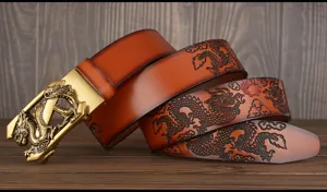 Mens leather belt with detailed dragon embossing and stylish metal automatic buckle.
