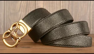 Mens genuine leather belt with snakeskin texture and vintage bull head buckle for casual wear.