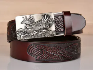 Men leather belt with eagle metal buckle embossed retro automatic belt for daily wear