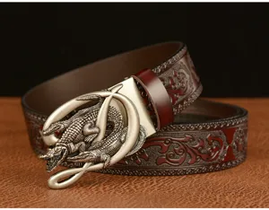 Close-up of men's retro crocodile metal buckle leather belt detail showing embossed pattern.