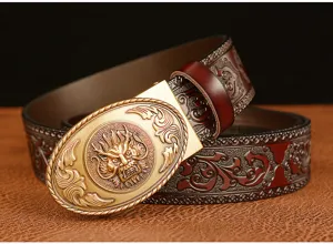 Vintage men's leather belt with dragon buckle embossed strap casual business accessory.