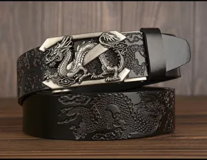 Men's leather belt with metallic dragon automatic buckle, detailed embossed strap texture.