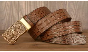 Men's stylish crocodile pattern leather belt with a golden dragon automatic metal buckle.