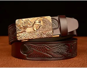 Men's retro brown leather belt with detailed golden eagle buckle and embossed strap design.