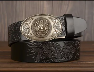 Men's leather belt with retro dragon buckle and embossed cloud patterns for casual wear.