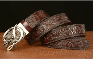 Retro embossed men's leather belt with unique crocodile automatic buckle, casual jeans accessory.