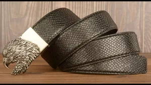 Men retro cowhide leather belt with metallic eagle head automatic buckle for jeans daily wear