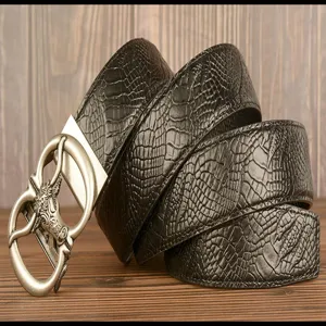 Men's vintage leather belt with ox head buckle and snake skin texture pattern for daily wear.