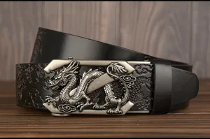 Detailed close-up view of the intricate dragon metal buckle and textured leather belt strap.