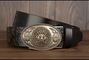 Close-up of retro dragon metal buckle and embossed leather texture detail for men's belt