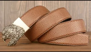 Mens vintage leather belt with detailed eagle automatic buckle brown snake pattern