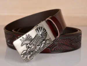 Men's leather belt with metal eagle automatic buckle vintage casual cowhide waist strap