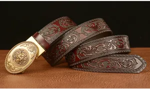 Retro automatic buckle men's leather belt with dragon embossed details close up