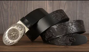Detail view of the black leather belt featuring exquisite dragon embossing and metal buckle.