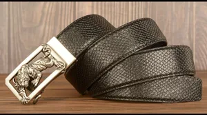 Men's stylish automatic buckle leather belt featuring tiger metal head and snake skin texture.