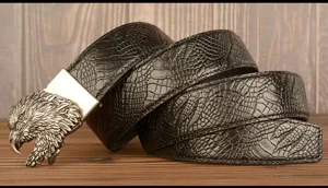 Men's leather belt with eagle head automatic buckle, stylish retro cowhide strap for jeans.