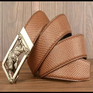 Men brown leather belt with retro tiger metal automatic buckle and snake skin embossed design