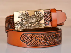 Detailed view of the men's leather belt featuring a 3D eagle buckle and embossed eagle pattern.