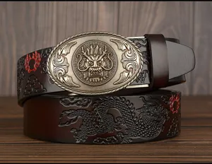 Detailed view of a vintage men leather belt with dragon metal buckle and embossed strap.
