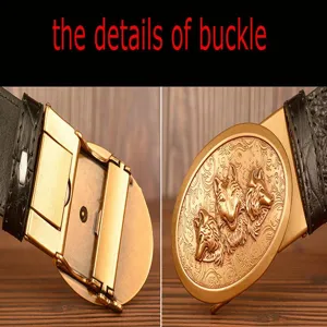 Close-up detail of the vintage men's leather belt buckle featuring a 3D wolf head relief.