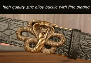 Detailed view of the men's leather belt featuring a unique cobra buckle and embossed crocodile pattern.