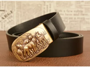 Mens automatic buckle leather belt with stylish wolf relief metal buckle for casual wear.