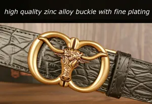 Men leather belt detail showing high quality zinc alloy bull head buckle and crocodile pattern.