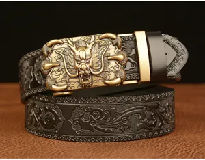 Men's retro cowhide leather belt with metallic dragon claw automatic buckle and carved pattern.