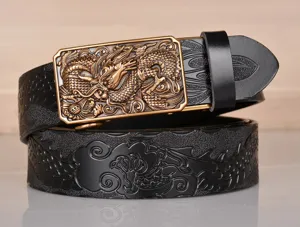 Men's leather belt featuring an embossed dragon automatic buckle and classic black leather design.