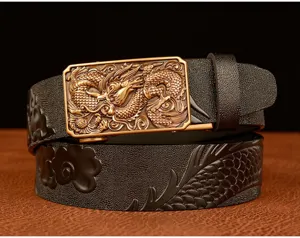 Close-up detail of the dragon embossed men leather belt with golden automatic buckle design.