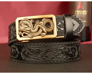 Men cowhide leather belt with automatic dragon buckle and stylish embossed pattern for daily wear.