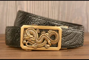 Men's genuine leather belt featuring a detailed metallic dragon automatic buckle.